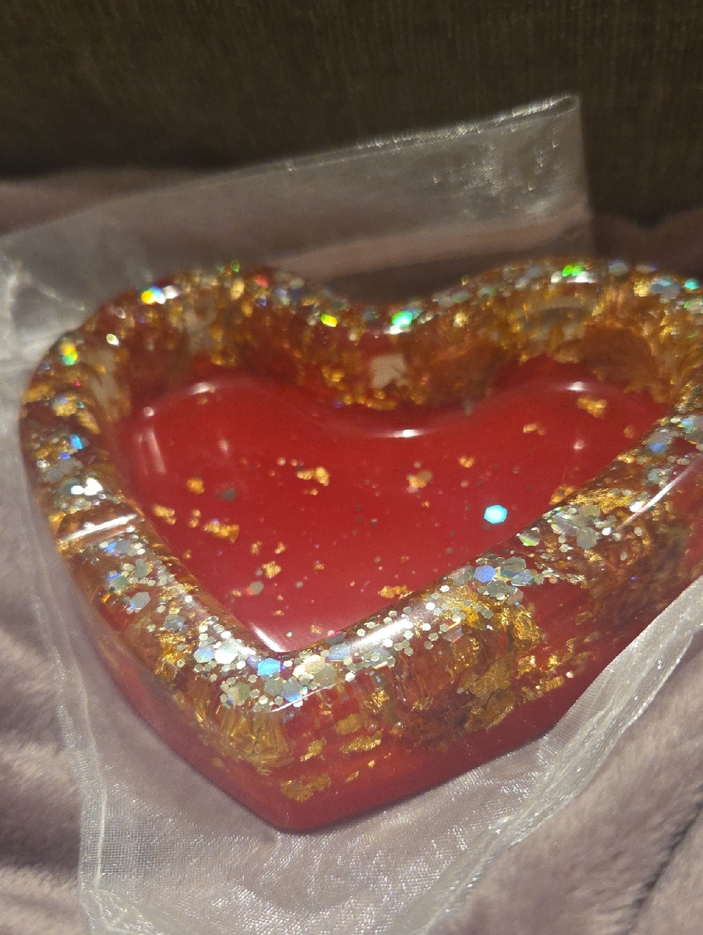 Handmade Heart Resin Trinket Dish in Red and Gold